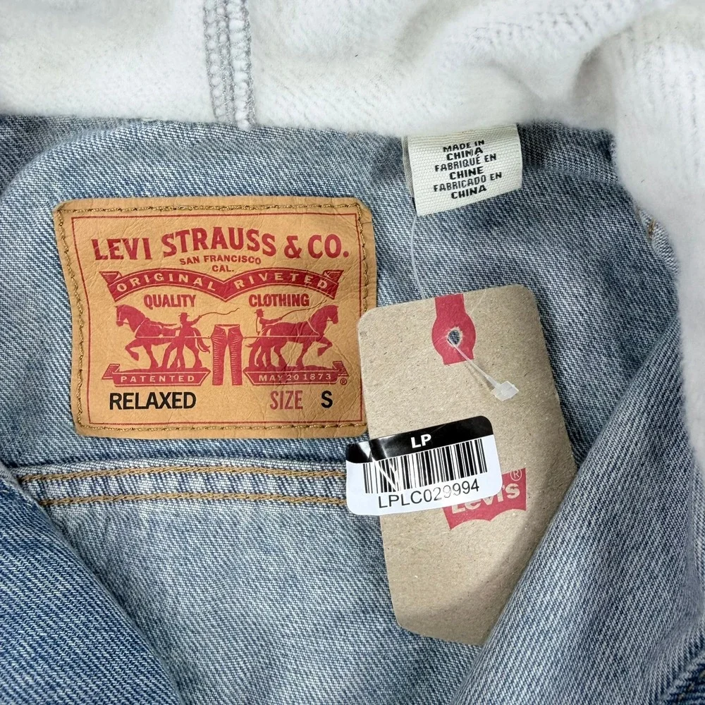 Levi's Mens S Blue Cotton Denim Relaxed Hybrid Trucker Jacket Grey Jersey Hooded